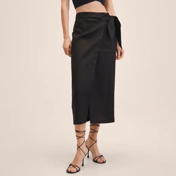 Mango 100% Linen Pareo Wrap Skirt Black - Picture 12 of 13